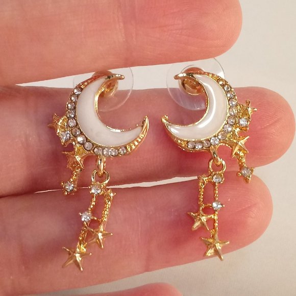 Gold Plated Diamond Zircon Moon Star Tassel Stud Earrings Women's Party Gift - Picture 1 of 3